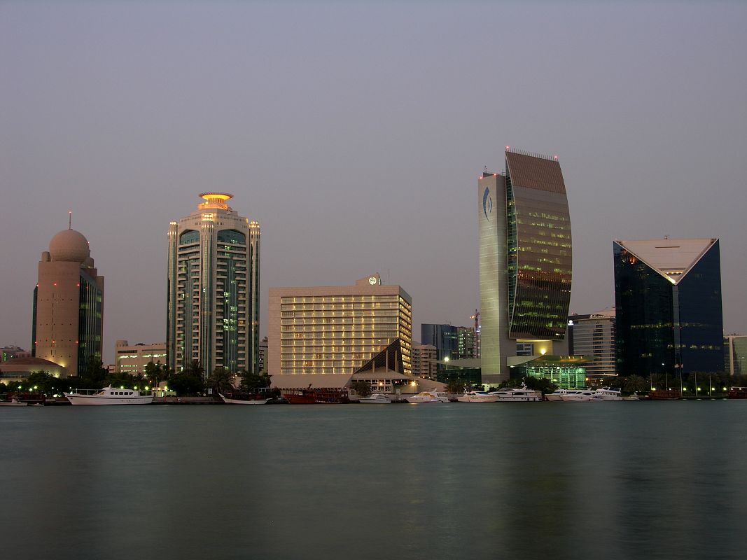 Dubai 04 09 Deira Nighttime View Of Etisalat Tower, Dubai Creek Tower, Sheraton, National Bank of Dubai and Dubai Chamber of Commerce